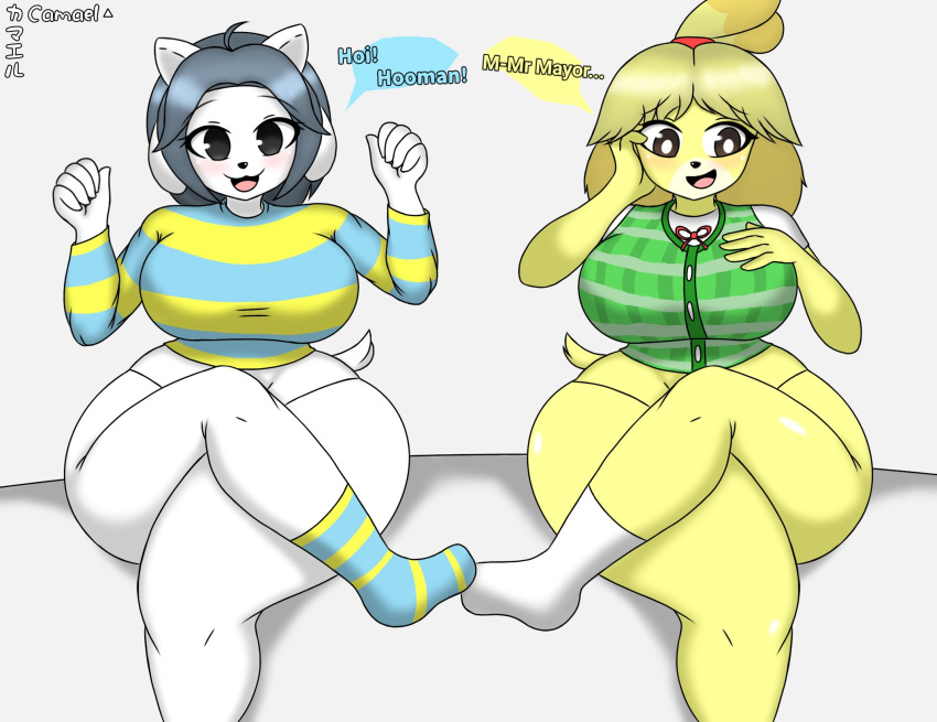 2021 2girls animal_crossing big_ass big_breasts big_butt black_eyes black_hair blonde_hair breasts bubble_ass bubble_butt camael clothed female_only furry furry_only isabelle_(animal_crossing) nintendo nipples socks temmie_(undertale) thick_thighs thighs undertale wide_hips