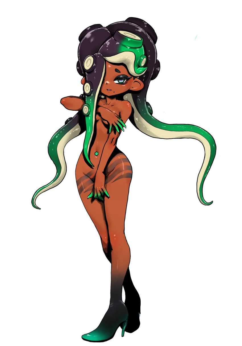 belly_button belly_button_piercing completely_nude covering_breasts covering_crotch covering_nipples covering_pussy dark-skinned_female dark_skin high_heels high_heels_only koharuno2 marina_(splatoon) octoling octoling_girl off_the_hook off_the_hook_(splatoon) piercing splatoon splatoon_(series) splatoon_2 splatoon_2:_octo_expansion splatoon_3:_side_order tagme tentacle_hair