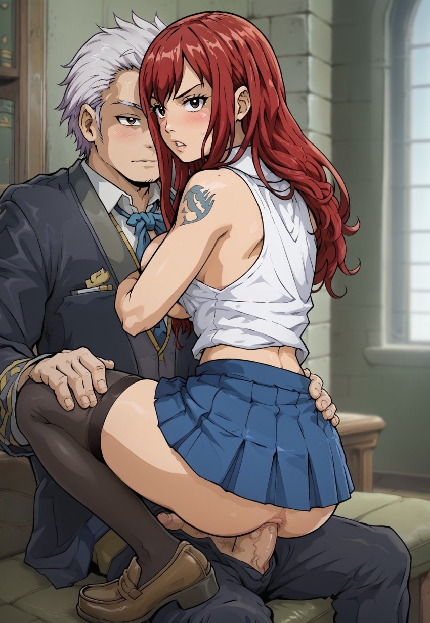 ai_generated akabur_style anal anal_sex ass bowtie clothed clothing cowgirl_position echodantalian erza_scarlet fairy_tail girl loafers miniskirt red_hair shirt tights