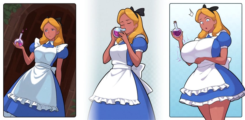 1girls absurd_res absurdres ai_assisted ai_generated alice_(disney) alice_liddell apron arm_under_breasts big_breasts black_bow blonde_hair blue_dress blue_eyes breast_expansion breasts bursting_breasts closed_eyes comic comic_page dress drinking female female_focus female_only film_grain hair_ribbon hairbow headwear hi_res high_resolution highres holding_breast holding_object huge_breasts large_breasts legs lips lipstick medium_breasts medium_hair motion_lines numbleg potion potion_bottle puffy_sleeves raised_eyebrows shiny_hair shiny_skin solo solo_female surprised thick_thighs thighs tight_clothing white_apron