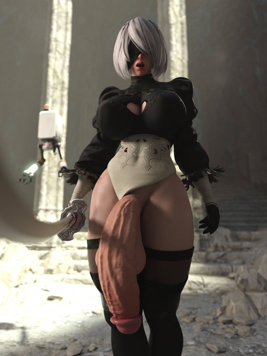 1futa 3d balls big_breasts blindfold breasts clothed clothing flaccid futa_only futanari huge_balls huge_breasts huge_cock hyper hyper_penis leotard leotard_aside light-skinned_futanari light_skin looking_at_viewer muscular muscular_futanari nier nier:_automata penis salamandraninja short_hair solo standing testicles white_hair yorha_2b