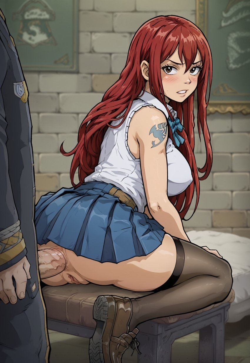 ai_generated akabur_style anal anal_sex ass behind_view bending_over bowtie clothed clothing echodantalian erza_scarlet fairy_tail girl loafers miniskirt offscreen_male red_hair shirt tights