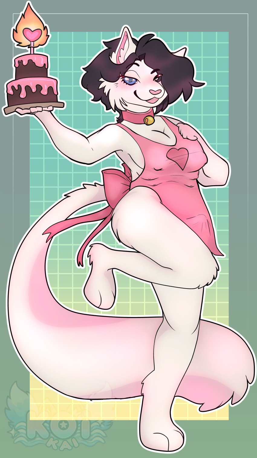 absurd_res anthro black_hair blue_eyes blush breasts bulge cake clothing collar dessert erection erection_under_clothing felid feline food fur gynomorph hair hi_res intersex koikai mammal multi_breast nipple_outline skye_(tinycatskye) solo trans_woman transfem white_body white_fur