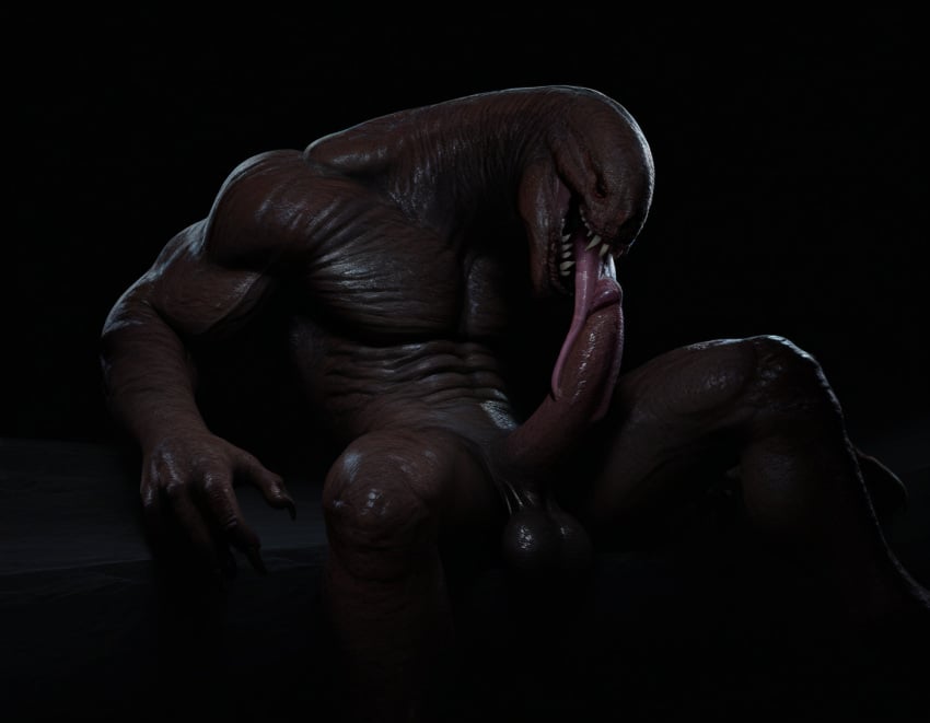 3d ai_generated alien alien_humanoid autofellatio balls brown_body brown_penis brown_skin creature dark-skinned_male dark_body dark_penis dark_skin gay gay_male monster monster_boy monster_cock muscular muscular_anthro muscular_arms muscular_male penis penis_lick self_lick sitting solo solo_anthro solo_male sucking teeth tongue tongue_around_penis