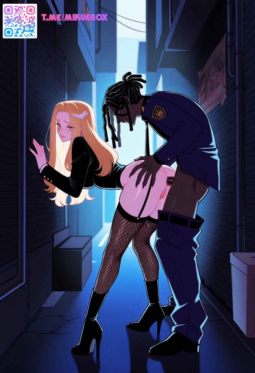 1boy against_wall alley anal ass ass_grab bar_censor belt bent_over black_belt black_footwear black_hair black_jacket black_thighhighs blonde_hair blue_eyes boots breasts censored clothed_sex clothes_pull dark-skinned_male dark_skin dreadlocks female fishnet_thighhighs fishnets from_side full_body garter_straps high_heel_boots high_heels interracial jacket long_hair long_sleeves necktie outdoors pants pants_pull penis police police_uniform pussy qr_code sex sex_from_behind standing standing_sex straight thighhighs uniform vaginal_penetration very_dark_skin