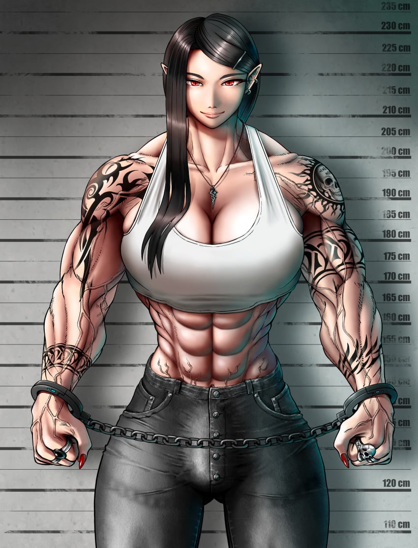 1futa alternate_version_at_source and big_breasts black_hair breasts bulge bulge_through_clothing cleavage dopperx8 earrings futa_only futanari handcuffs long_ears midriff mugshot muscular muscular_futanari necklace pants pointy_ears red_eyes solo solo_futa standing tank_top tattoo veiny_muscles