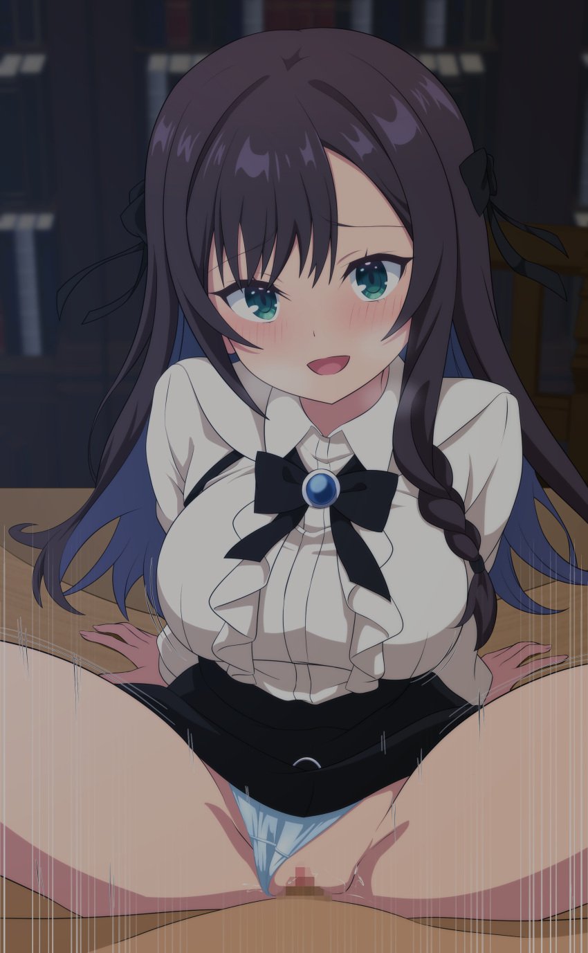 1boy absurdres alina_clover black_bow black_bowtie black_hair black_ribbon black_skirt blush bow bowtie breasts censored clothed_sex clothing_aside female guild_no_uketsukejou_desu_ga_zangyou_wa_iya_nanode_boss_wo_solo_toubatsu_shiyou_to_omoimasu hair_ribbon highres large_breasts long_hair looking_at_viewer mosaic_censoring motion_lines older_male older_man_and_teenage_girl on_table open_mouth out_of_frame panties panties_aside ribbon sex skirt smile spread_legs table takuru teenage_girl underwear vaginal_penetration very_long_hair white_background