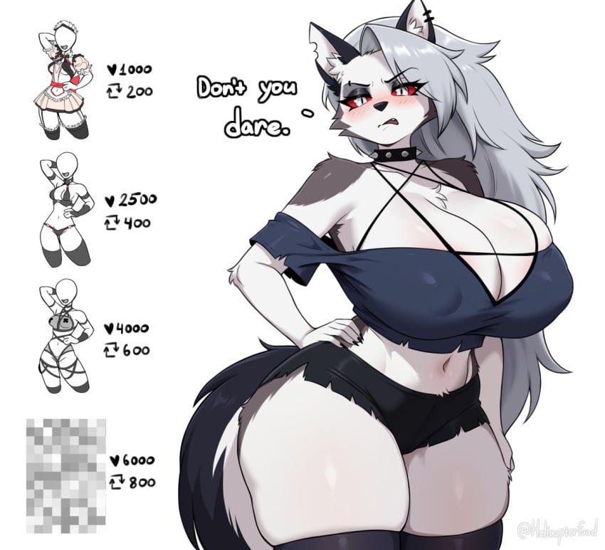 1girls ass big_ass big_breasts big_thighs breasts butt demon dialogue female female_focus female_only fur furry gigantic_ass gigantic_breasts gigantic_thighs gray_body gray_fur hellhound helluva_boss huge_areola huge_ass huge_breasts huge_thighs kuru_tyan long_hair looking_at_viewer loona_(helluva_boss) red_eyes spiked_collar spikes tagme text thick_hips thick_thighs thighs twitter white_hair wolf wolf_ears wolf_girl wolf_tail