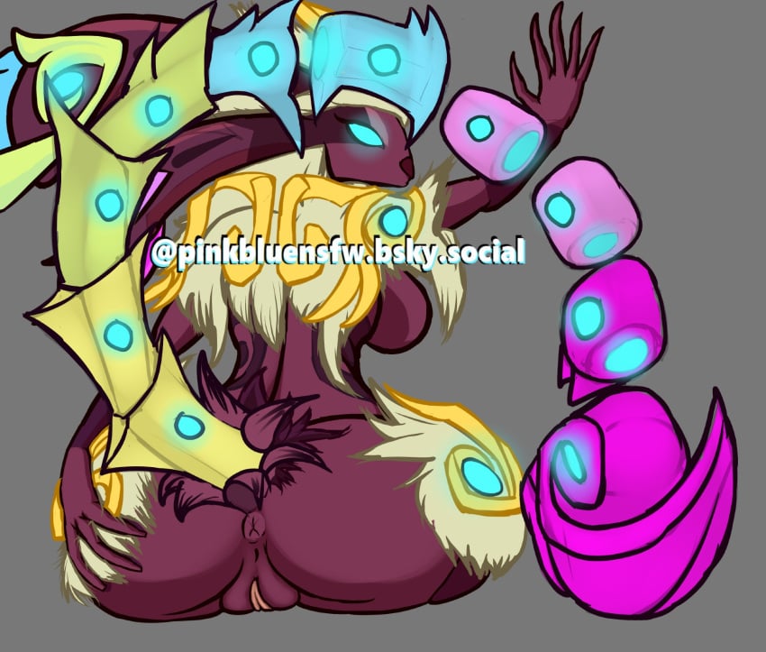 ambiguous_gender anthro ass cel_shading colorful_theme creatures_of_sonaria female furry furry_female hi_res lagomorph pinkbluensfw presenting presenting_hindquarters shaded skin_pattern solo tail tail_motion vorpalus wip