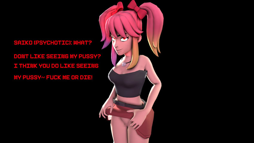 crazy crazy_eyes crazy_girl crazy_smile dominant_female gesugao imminent_sex no_panties pink_hair psycho red_eyes saiko_bichitaru_(smg4) skirt skirt_lift smg4 squid_fm yandere