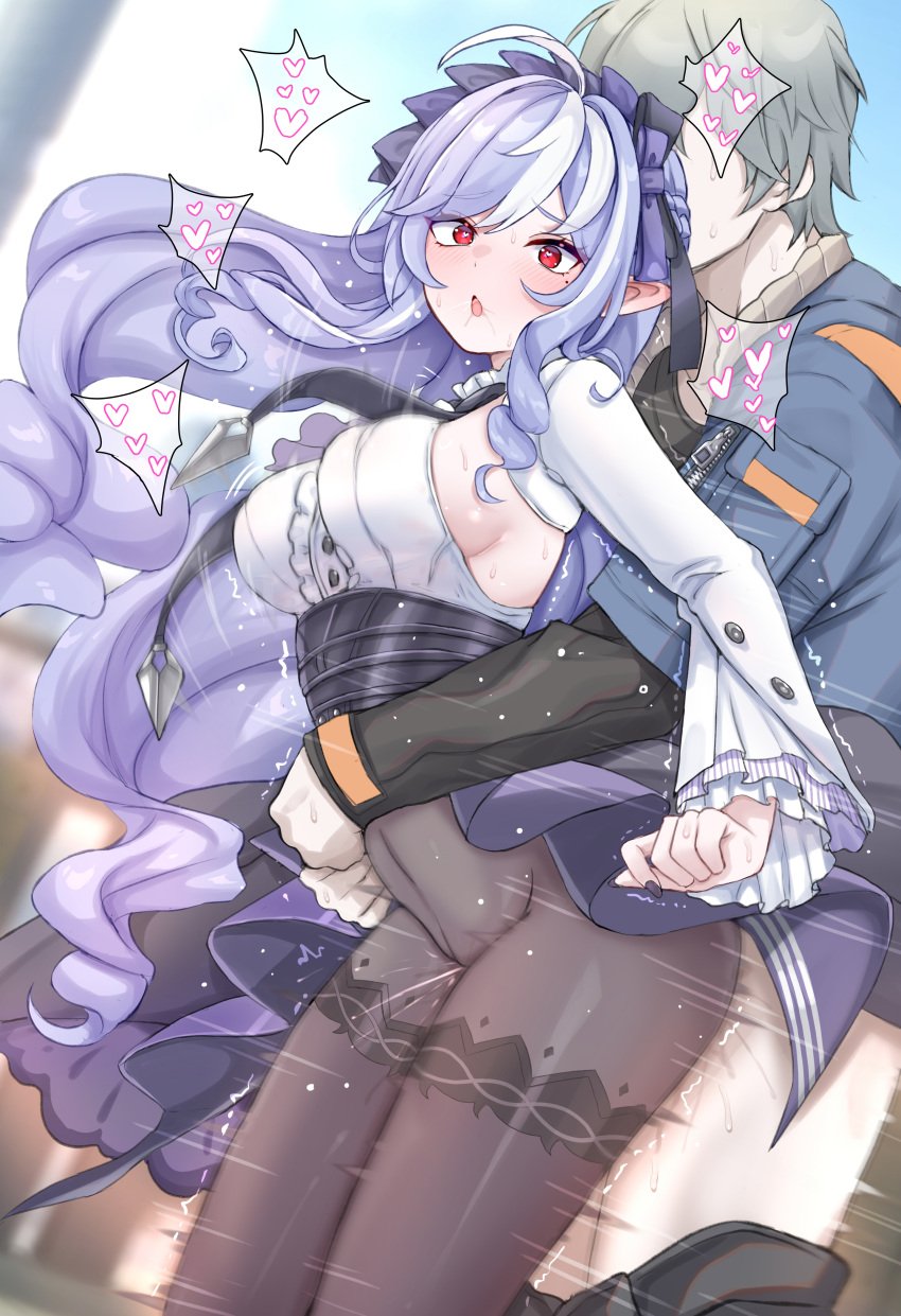 1boy absurdres ahoge black_pantyhose black_shirt blue_jacket blush bow breasts center_frills clothed_sex commentary couple daram_(shappydude) denim denim_jacket dress female flat_color frills grey_hair hairbow high-waist_skirt highres hug hug_from_behind jacket large_breasts large_variant_set long_sleeves looking_at_viewer male mole mole_under_eye multicolored_hair open_mouth pantyhose patterned_legwear pointy_ears purple_bow purple_eyes purple_hair purple_skirt red_eyes sex sex_from_behind shirt short_hair showgirl_skirt sideboob simple_background skirt smile straight streaked_hair teeth two-tone_hair underbust unfinished upper_teeth_only variant_set vivian_(zenless_zone_zero) white_background white_hair white_shirt wise_(zenless_zone_zero) zenless_zone_zero
