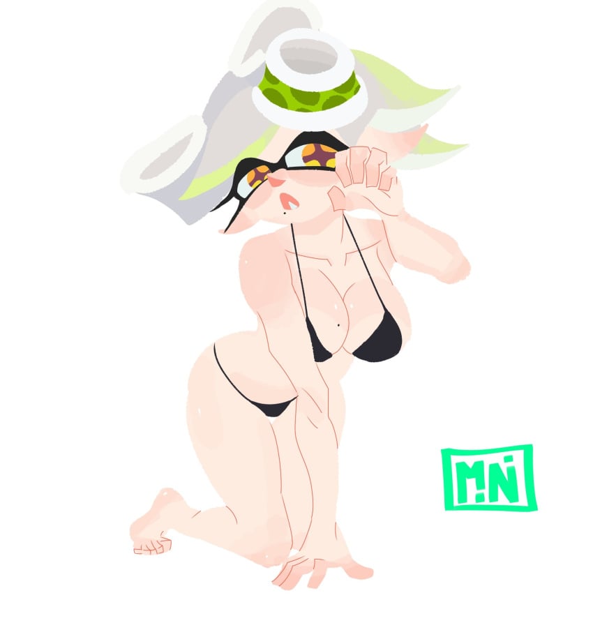 1girls black_bikini digital_drawing_(artwork) digital_media_(artwork) female female_focus female_only hand_on_floor inkling looking_at_viewer marie_(splatoon) mini_woomy nintendo on_knees pose posing splatoon splatoon_(series) squid_sisters watermark white_background