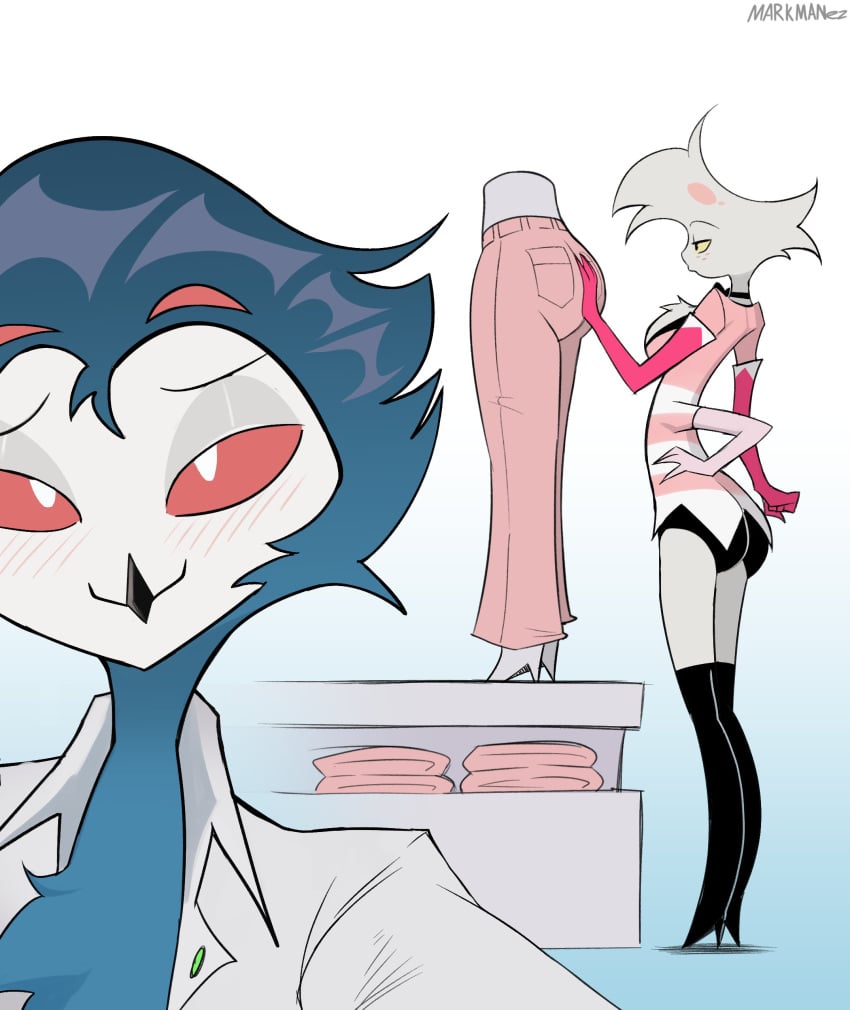 2boys angel_dust_(hazbin_hotel) demon gay hazbin_hotel helluva_boss pants selfie stolas_(helluva_boss) vivienne_medrano