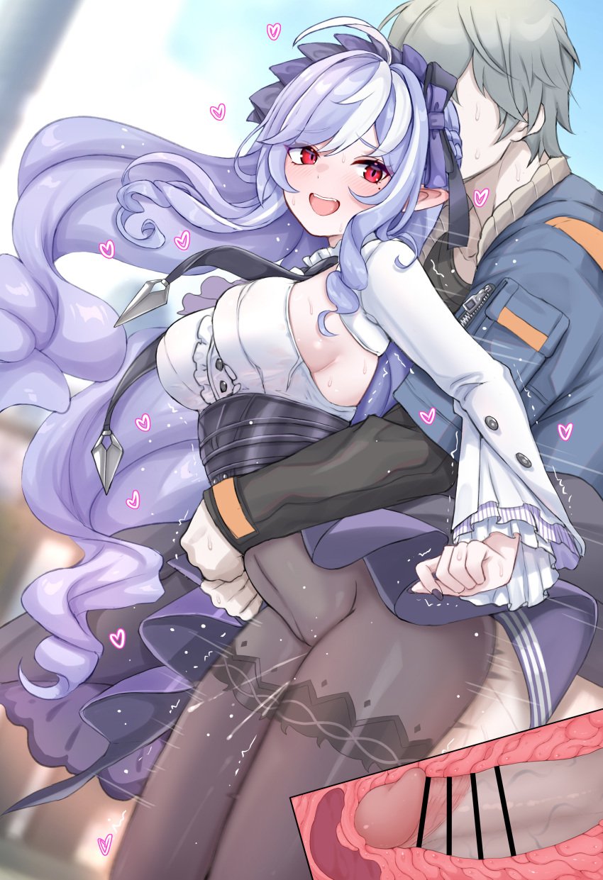 1boy absurdres ahoge black_pantyhose black_shirt blue_jacket blush bow breasts center_frills clothed_sex commentary couple daram_(shappydude) denim denim_jacket dress female flat_color frills grey_hair hairbow high-waist_skirt highres hug hug_from_behind jacket large_breasts large_variant_set long_sleeves looking_at_viewer male mole mole_under_eye multicolored_hair open_mouth pantyhose patterned_legwear pointy_ears purple_bow purple_eyes purple_hair purple_skirt red_eyes sex sex_from_behind shirt short_hair showgirl_skirt sideboob simple_background skirt smile straight streaked_hair teeth two-tone_hair underbust unfinished upper_teeth_only variant_set vivian_(zenless_zone_zero) white_background white_hair white_shirt wise_(zenless_zone_zero) zenless_zone_zero