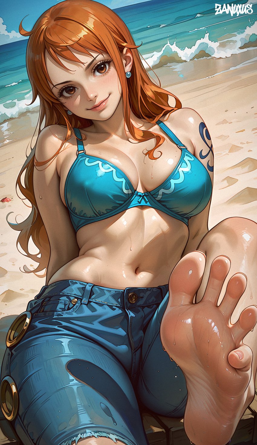 1girls ai_generated barefoot beach blush bra brown_eyes clothing earrings feet feet_up female female_only foot_fetish foot_focus highres jean_shorts leg_up long_hair looking_at_viewer nami nami_(one_piece) nipple_bulge one_piece orange_hair sand sea seaside seductive smile stable_diffusion thick thin_waist toes toes_spread wide_hips zanuxus