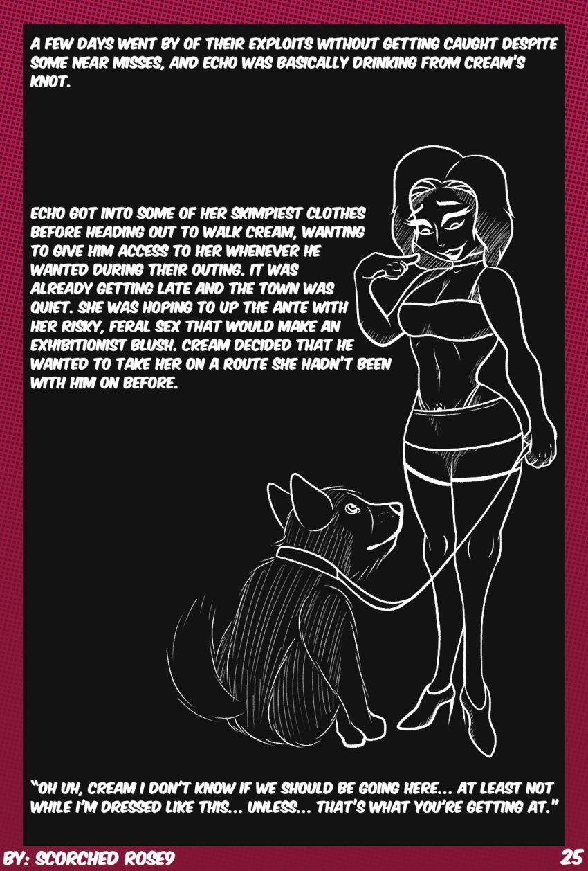 bottomwear canid canine canis choker clothing collar comic domestic_dog duo echo_(cream_filled) english_text female feral footprint footwear hair hi_res high_heels human jewelry leash male male/female mammal microskirt miniskirt necklace pawprint pubic_tattoo scorchedrose9 scorchedrose9_(artist) shoes short_hair skirt story_in_picture tattoo text topwear tube_top zoophilia