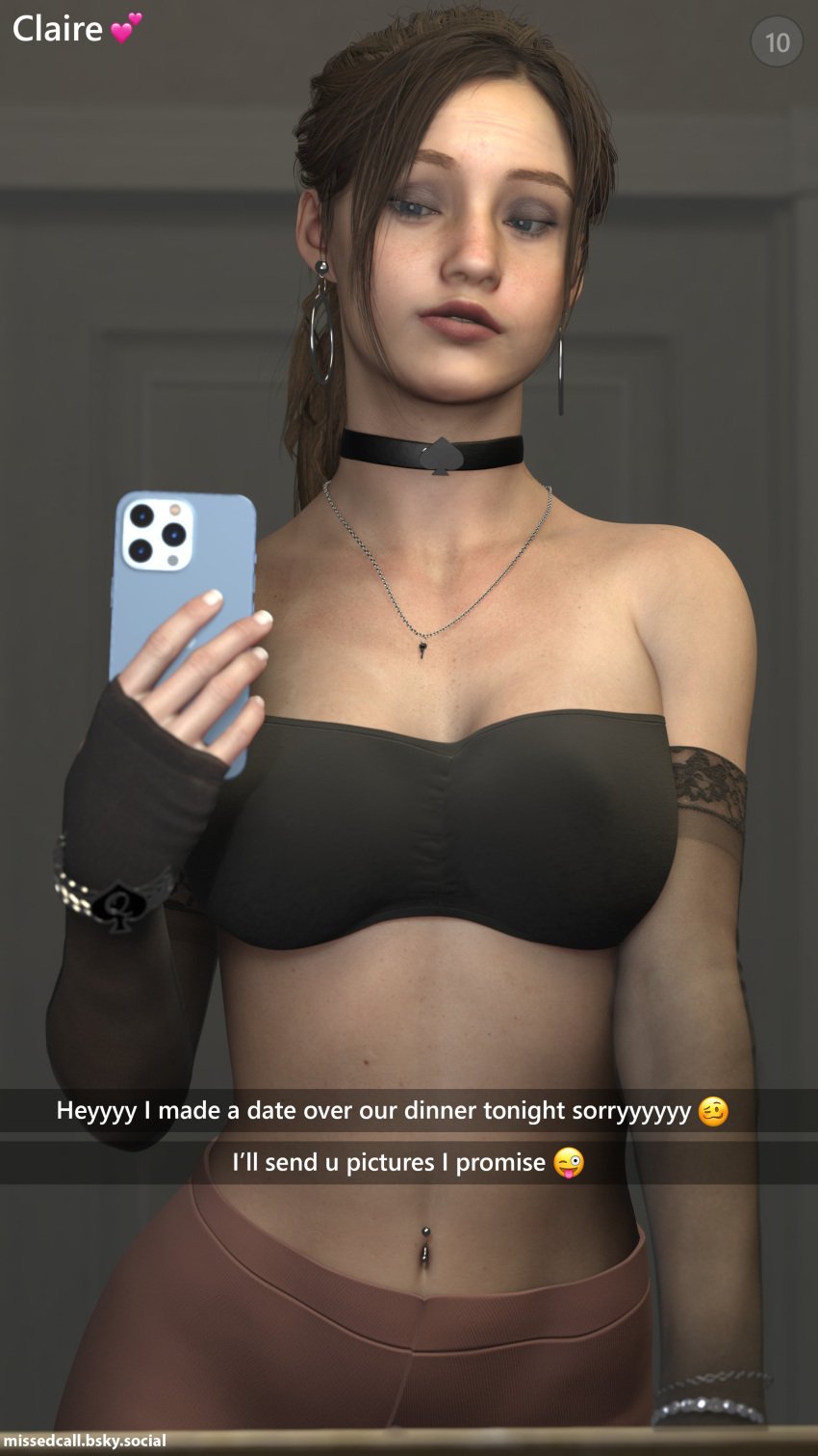 1girls 3d caption cheating_girlfriend choker claire_redfield cuckold cuckold_pov english_text hoop_earrings missed_call qos qos_clothing resident_evil resident_evil_2_remake selfie snapchat tubetop