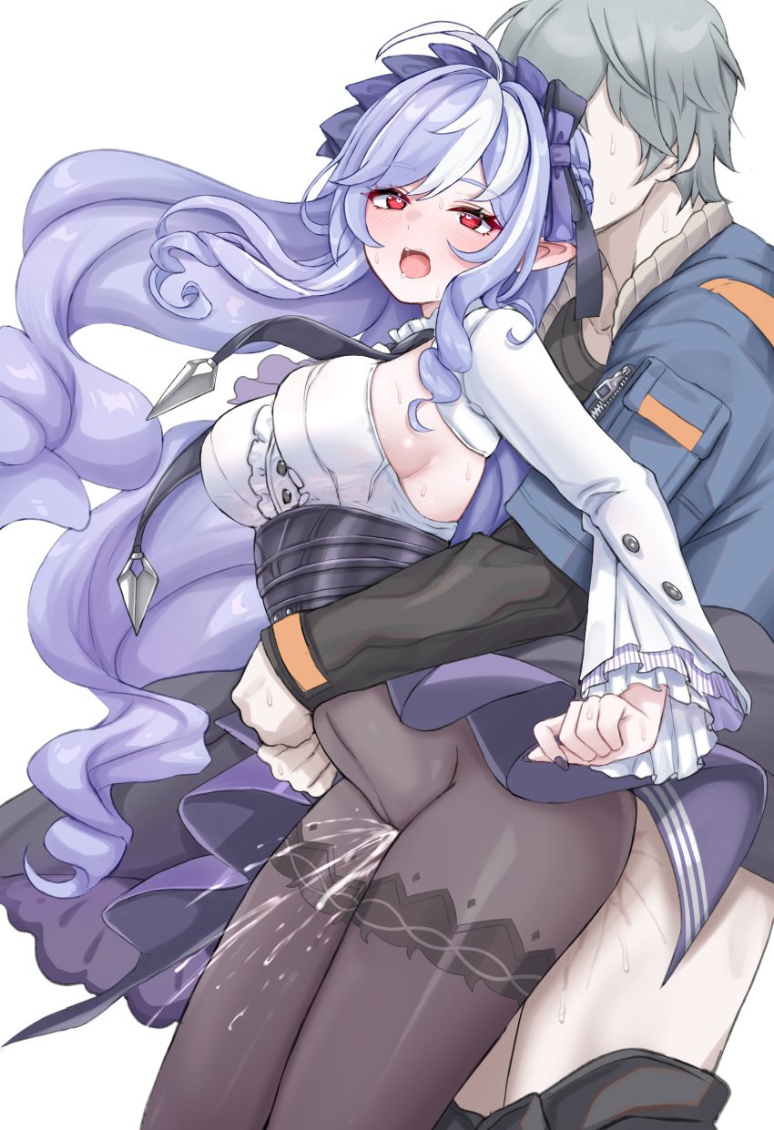 1boy absurdres ahoge black_pantyhose black_shirt blue_jacket blush bow breasts center_frills clothed_sex commentary couple daram_(shappydude) denim denim_jacket dress female flat_color frills grey_hair hairbow high-waist_skirt highres hug hug_from_behind jacket large_breasts large_variant_set long_sleeves looking_at_viewer male mole mole_under_eye multicolored_hair open_mouth pantyhose patterned_legwear pointy_ears purple_bow purple_eyes purple_hair purple_skirt red_eyes sex sex_from_behind shirt short_hair showgirl_skirt sideboob simple_background skirt smile straight streaked_hair teeth two-tone_hair underbust unfinished upper_teeth_only variant_set vivian_(zenless_zone_zero) white_background white_hair white_shirt wise_(zenless_zone_zero) zenless_zone_zero