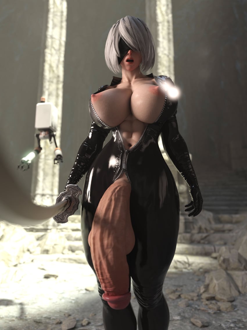 1futa 3d areolae balls big_breasts blindfold bodysuit breasts breasts_out clothing flaccid futa_only futanari huge_balls huge_cock hyper hyper_penis light-skinned_futanari light_skin looking_at_viewer muscular muscular_futanari nier nier:_automata nipples penis penis_out salamandraninja short_hair solo standing testicles unzipped unzipped_bodysuit white_hair yorha_2b