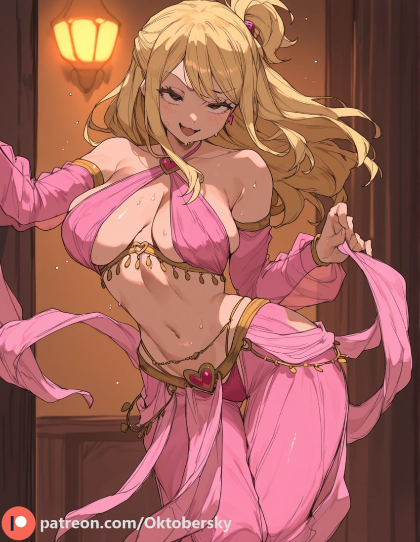 1girls ai_generated belly belly_dancer dancer_outfit dancing fairy_tail female harem_girl harem_outfit large_breasts lucy_heartfilia pink_panties pink_topwear silly silly_face solo