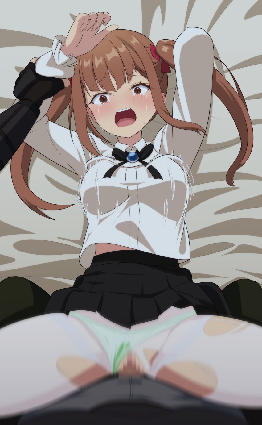 1boy absurdres black_bow black_bowtie black_skirt blush bouncing_breasts bow bowtie breasts brown_eyes brown_hair censored clothed_sex clothing_aside crying crying_with_eyes_open eyebrows_hidden_by_hair female green_panties guild_no_uketsukejou_desu_ga_zangyou_wa_iya_nanode_boss_wo_solo_toubatsu_shiyou_to_omoimasu hair_ribbon highres holding_another's_wrist laila_(girumasu) large_breasts looking_at_viewer lying mosaic_censoring motion_lines on_back on_bed open_mouth panties panties_aside pantyhose rape ribbon sex shirt short_twintails skirt takuru tears teeth torn_clothes torn_pantyhose twintails underwear upper_teeth_only vaginal_penetration white_pantyhose white_shirt