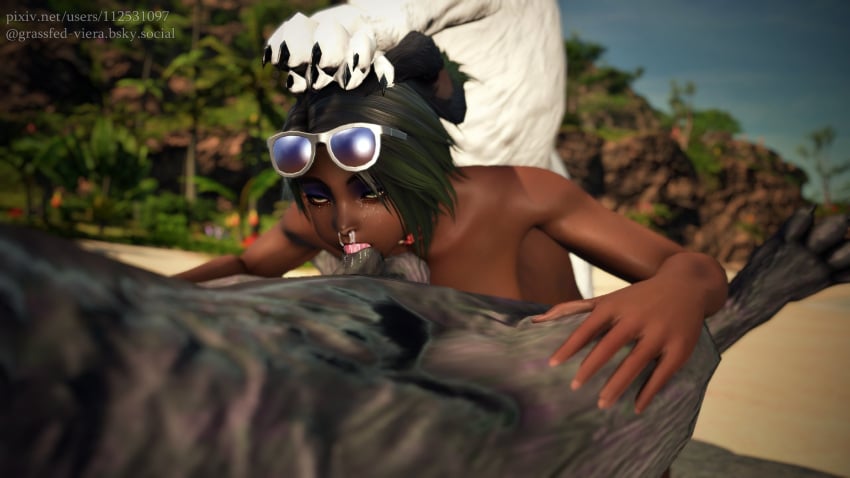 2dogs 3d black_hair blowjob bunny_ears canine canine_penis cum cum_leaking_out_of_nose dark_skin deepthroat eyes_rolling_back female final_fantasy final_fantasy_xiv gpose(ffxiv) grassfed_viera green_eyes green_highlights hands_on_legs oral_knotting paws_on_head sunglasses sunglasses_on_head tears viera watermark zoophilia