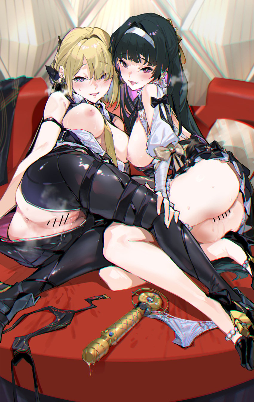 2girls astra_yao bar_censor black_hair blonde_hair breasts censored commentary_request evelyn_chevalier heart highres kurotsuki_machi large_breasts long_hair looking_at_viewer multiple_girls nipples open_mouth panties pink_eyes purple_eyes pussy spoken_heart textless_version tongue tongue_out underwear unworn_panties white_panties zenless_zone_zero