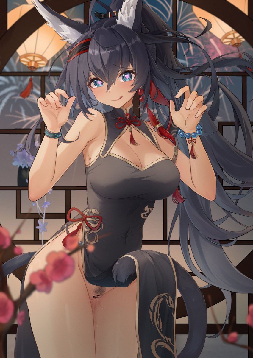 :q absurdres ahoge alternate_costume animal_ears arknights bar_censor bare_shoulders bead_bracelet beads black_dress black_hair blaze_(arknights) blaze_the_igniting_spark_(arknights) blue_eyes blush bracelet breasts cat_ears cat_girl cat_tail censored china_dress chinese_clothes chinese_commentary cleavage cleavage_cutout closed_mouth clothes_lift clothing_cutout commentary_request covered_navel cowboy_shot dress dress_lift earrings extra_ears female female_pubic_hair fireworks flower hands_up heart heart-shaped_pupils high_ponytail highres indoors infection_monitor_(arknights) jewelry large_breasts large_variant_set lifting_own_clothes long_hair looking_at_viewer naughty_face no_panties pelvic_curtain plum_blossoms ponytail pubic_hair pussy pussy_juice round_window sktre12 sleeveless sleeveless_dress smile solo symbol-shaped_pupils tail tassel tongue tongue_out variant_set very_long_hair window