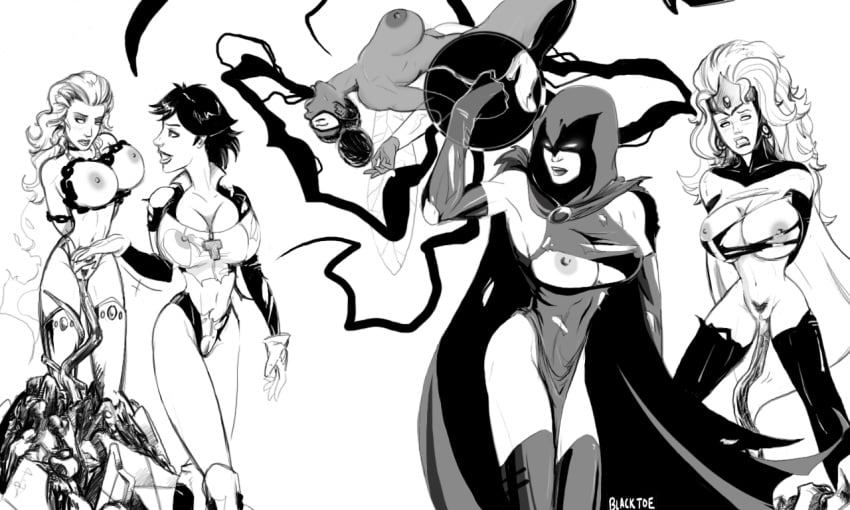 5girls areolae atlee black_and_white blackfire blackfire_(comics) blacktoe bumblebee_(dc) cleavage curvy dark-skinned_female dark_skin dc dc_comics female female_only karen_beecher komand'r koriand'r monochrome nipples rachel_roth raven_(dc) starfire starfire_(comics) straight_hair tamaranean teen_titans tentacles terra_(dc)