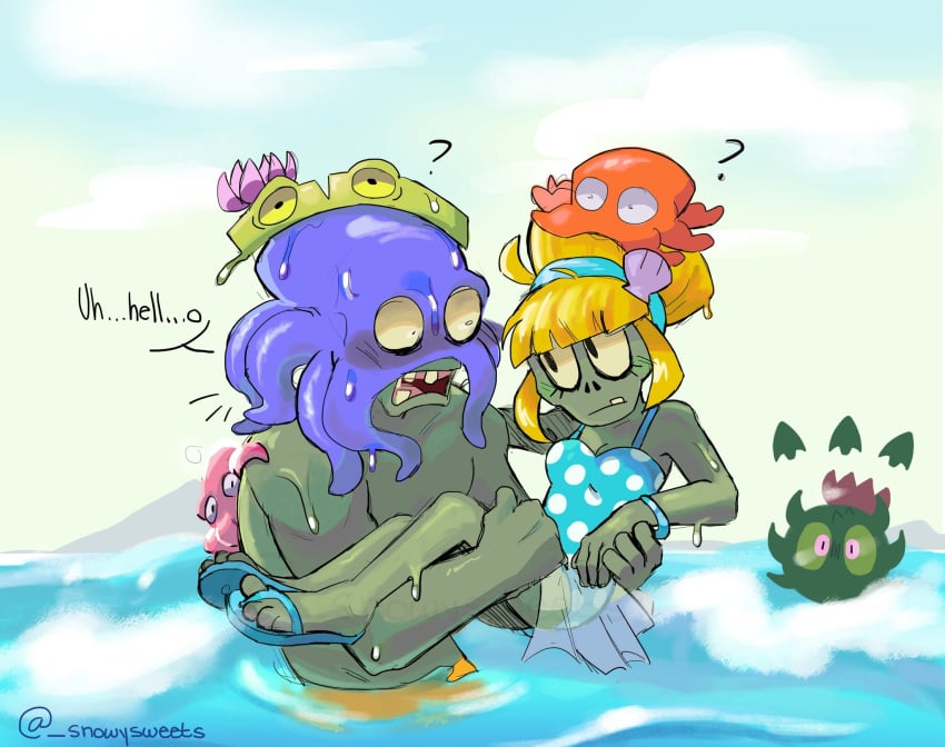 bikini_zombie bikini_zombie_(pvz) blonde_hair clothed grey_body homing_thistle_(pvz) lily_pad_(pvz) nomyart octo_zombie_(pvz) octopus plants_vs_zombies straight zombie zombie_girl