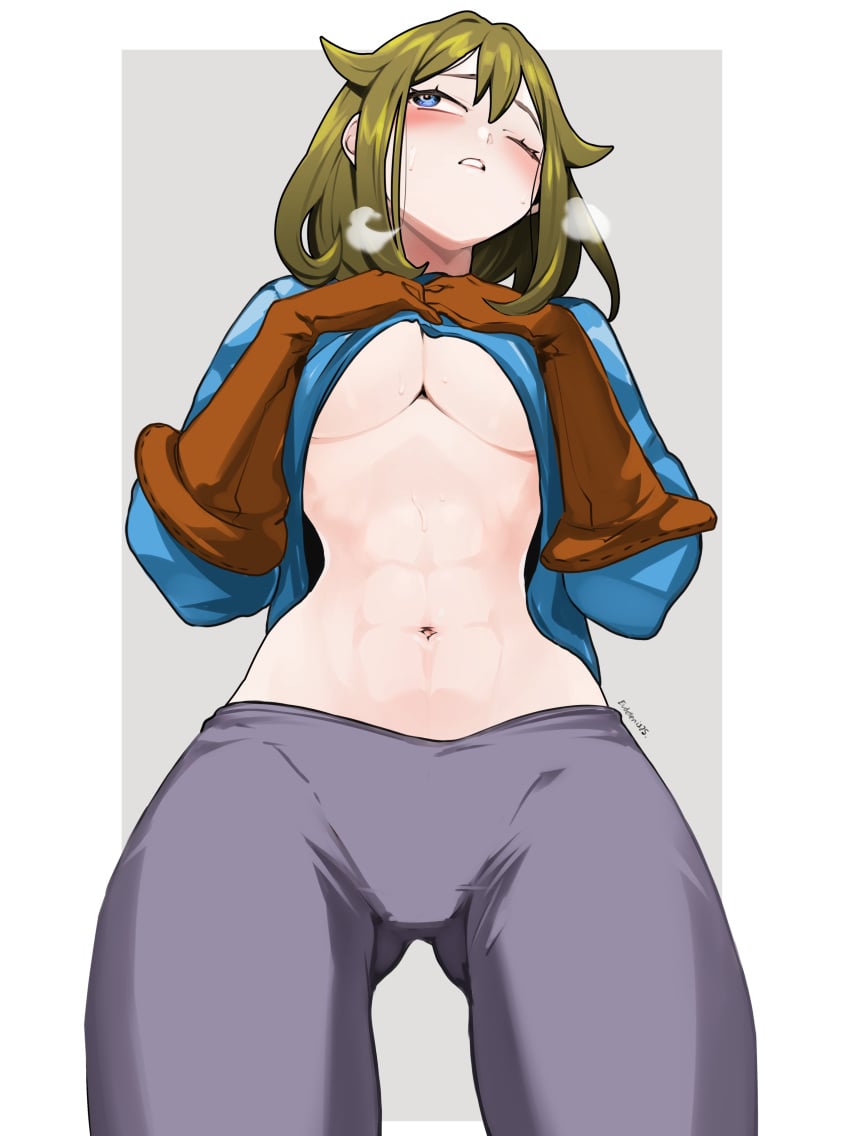 1girls abs ass_visible_through_thighs big_breasts blue_eyes blush breasts brown_gloves chloe_(unicorn_overlord) clothes_lift eudetenis female gloves green_hair grey_pants heavy_breathing large_breasts lowleg_pants narrow_waist no_bra one_eye_closed paid_reward_available pants shirt_lift shirt_lifted_by_self solo sweat underboob unicorn_overlord