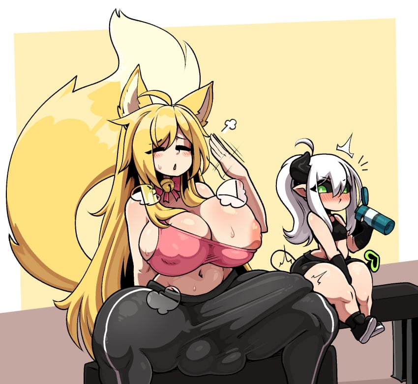 animal_humanoid areola big_breasts biped blonde_hair blush bodily_fluids breasts bulge canid canid_humanoid canine canine_humanoid clothed clothing demon demon_humanoid detailed_bulge duo fanning fanning_self female fox_humanoid genital_outline green_eyes gynomorph hair hi_res humanoid intersex larger_gynomorph larger_intersex mammal mammal_humanoid nipples one_breast_out penis_outline short_stack sitting size_difference smaller_female spade_tail spread_legs spreading sweat tail theyeager thick_thighs