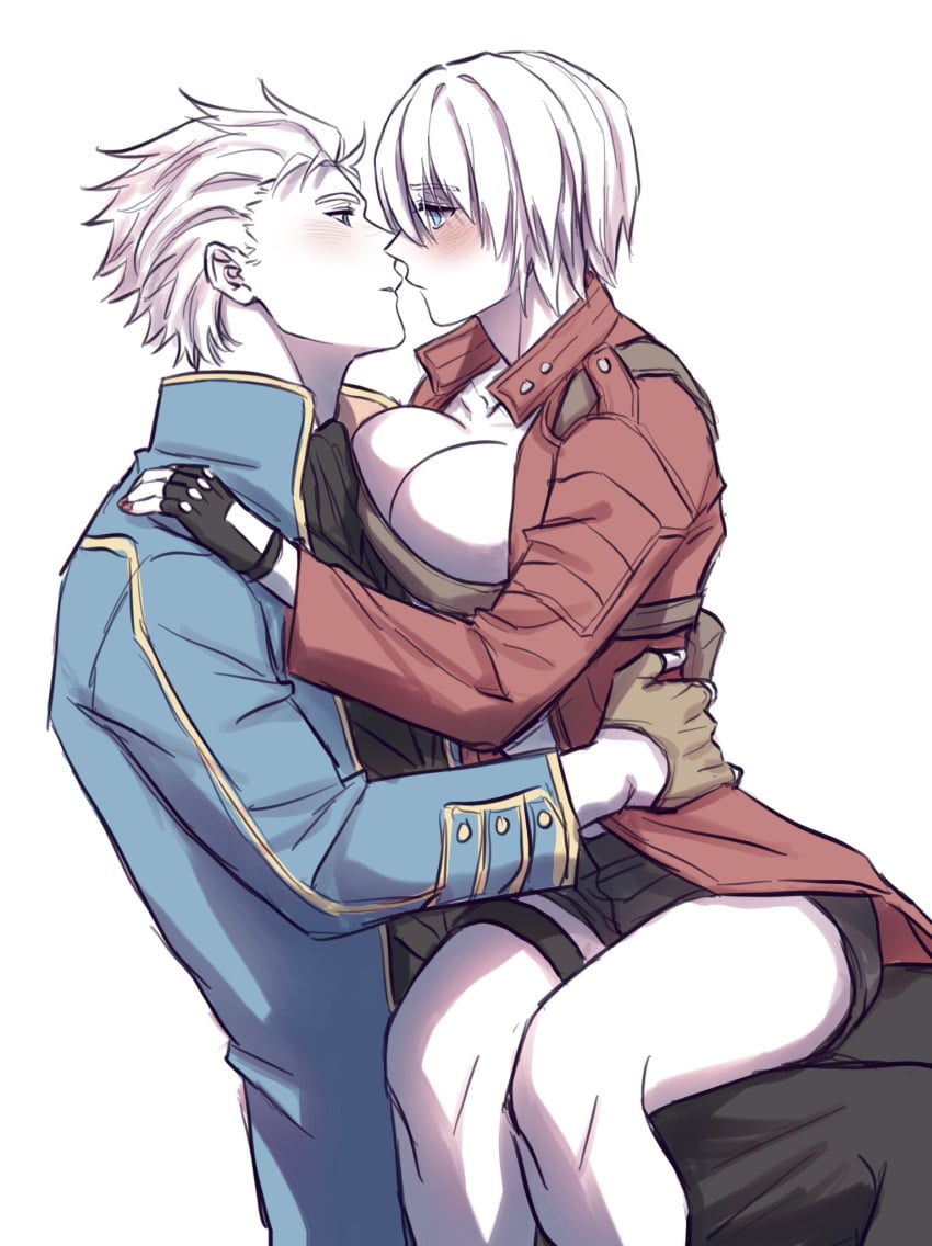 belt_bra big_breasts blue_eyes blush breasts_against_chest brother_and_sister clothing dante_(devil_may_cry) devil_may_cry devil_may_cry_3 fingerless_gloves incest pichuuuchan rule_63 short_hair short_shorts sitting_on_lap trenchcoat vergil white_hair