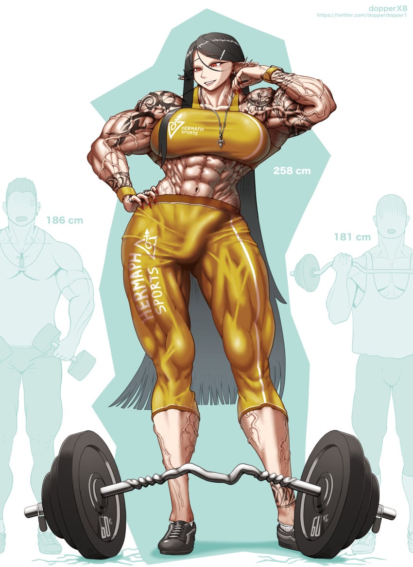 1futa 2boys background_character barbell black_hair bulge bulge_through_clothing dopperx8 feat_of_strength futa_focus futanari gym hand_on_hip long_ears male muscular muscular_futanari penis_outline pointy_ears red_eyes solo solo_focus tattoo veiny_muscles weightlifting weights