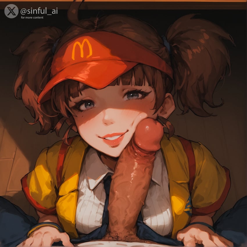 ai_generated aisinful bangs blush blush brown_hair cap daddy daddy_kink double_bun double_cheese_(mcdonald's) grey_eyes hair_bun hat hi_res imminent_oral lips looking_at_viewer mcdonald's naughty_face penis_on_face thick_lips two_side_up under_the_table uniform