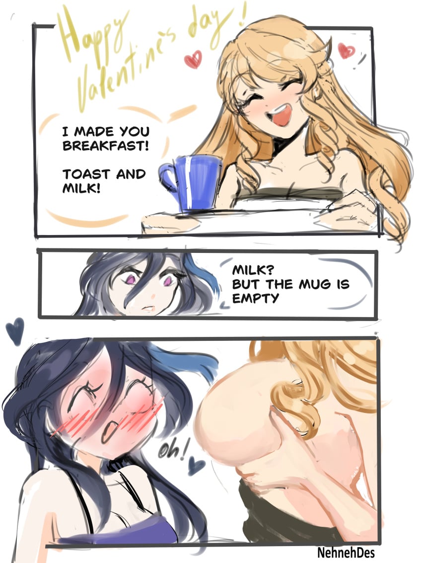 2girls blonde_hair blush breast_grab breasts breasts_out busty clorinde_(genshin_impact) coffee comic couple english_text female female_only genshin_impact large_breasts navia_(genshin_impact) purple_hair smile valentine's_day yuri