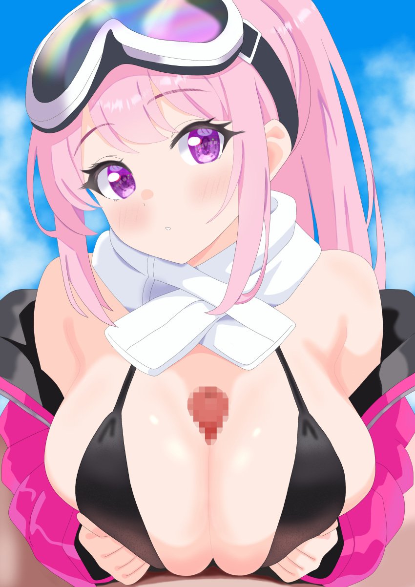 1boy 1girls absurdres bare_shoulders bikini black_bikini blue_archive blue_sky blush breasts censored day eimi_(blue_archive) eimi_(swimsuit)_(blue_archive) female goggles goggles_on_head high_ponytail highres huge_breasts jacket light-skinned_female light-skinned_male light_skin long_hair looking_at_viewer millennium_science_school_student mosaic_censoring myapanpan paizuri pink_eyes pink_hair pink_jacket ponytail pov scarf sky solo_focus super_phenomenon_task_force_(blue_archive) swimsuit white_scarf