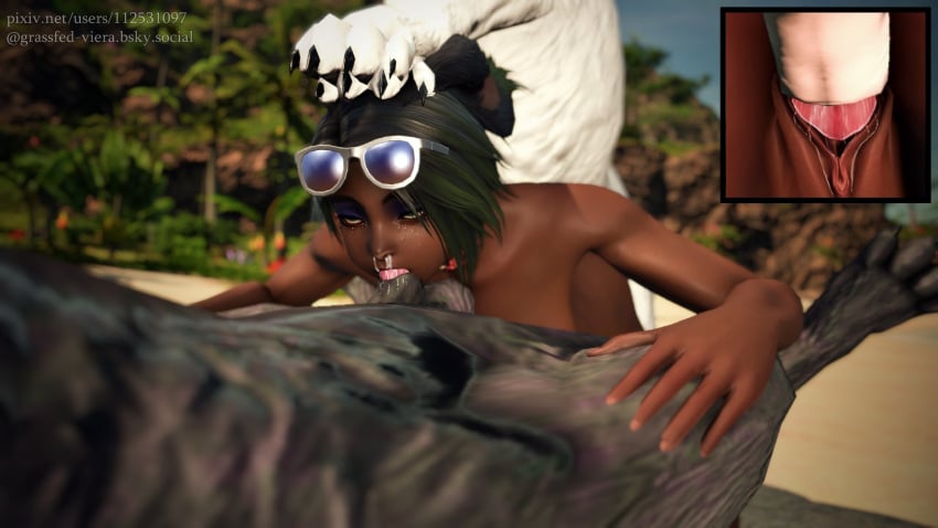 2dogs 3d black_hair blowjob bunny_ears canine canine_penis cum cum_in_pussy cum_leaking_out_of_nose cum_leaking_out_of_pussy dark_skin deepthroat eyes_rolling_back female final_fantasy final_fantasy_xiv gpose(ffxiv) grassfed_viera green_eyes green_highlights hands_on_legs knotted knotting oral_knotting paws_on_head picture_in_picture sunglasses sunglasses_on_head tears vaginal_penetration viera watermark zoophilia