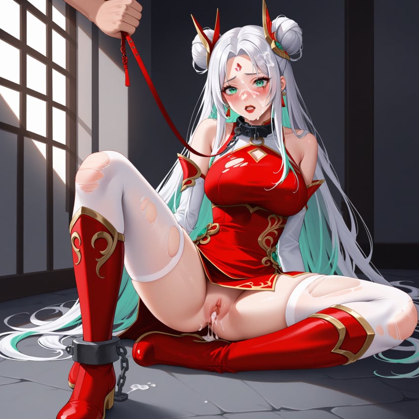 abused ai_generated collar cum enslaved green_eyes irelia_xan leash mythmaker_irelia prisoner ripped_clothing shackles slave white_hair