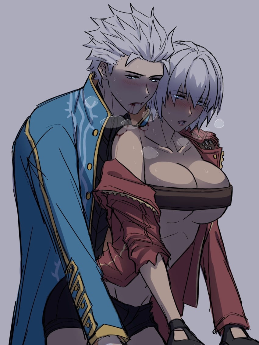 belt_bra big_breasts bite_mark biting_shoulder blood blue_eyes clothed dante devil_may_cry devil_may_cry_3 fingerless_gloves incest male_behind_female pichuuuchan rule_63 short_hair short_shorts trenchcoat vergil white_hair