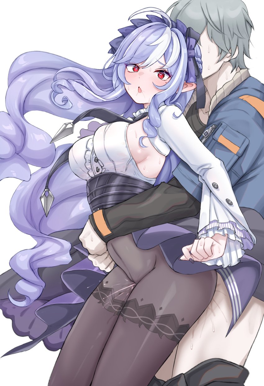 1boy absurdres ahoge black_pantyhose black_shirt blue_jacket blush bow breasts center_frills clothed_sex commentary couple daram_(shappydude) denim denim_jacket dress female flat_color frills grey_hair hairbow high-waist_skirt highres hug hug_from_behind jacket large_breasts large_variant_set long_sleeves looking_at_viewer male mole mole_under_eye multicolored_hair open_mouth pantyhose patterned_legwear pointy_ears purple_bow purple_eyes purple_hair purple_skirt red_eyes sex sex_from_behind shirt short_hair showgirl_skirt sideboob simple_background skirt smile straight streaked_hair teeth two-tone_hair underbust unfinished upper_teeth_only variant_set vivian_(zenless_zone_zero) white_background white_hair white_shirt wise_(zenless_zone_zero) zenless_zone_zero