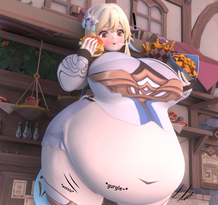 1girls amber_eyes andreavercetti2 bbw belly_button belly_jiggle belly_overhang big_belly big_breasts blonde_female blonde_hair blonde_hair_female bloomers bloomers_(victorian) blush blushing_female burger burping cape chubby chubby_female exclamation_point exposed_belly_button exposed_midriff exposed_stomach fat fat_female fat_girl fat_woman feather_earring female female_focus female_human female_only fingerless_gloves flower_hair_accessory flower_hair_ornament flower_hairpin flower_in_hair flowers_in_hair food fried_food genshin_impact gloved_thumbs hoyoverse inteyvat_flower_(genshin_impact) inteyvat_flowers inteyvat_flowers_(genshin_impact) light-skinned_female light_skin light_skin_female light_skinned lumine_(genshin_impact) mihoyo mihoyo_technology_(shanghai)_co._ltd. mondstadt morbidly_obese morbidly_obese_female motion_lines obese obese_female overweight overweight_female restaurant_in_background shocked_expression side_bangs solo solo_female solo_focus standing stomach_gurgle stomach_gurgling stomach_noises stuffing thick_legs thick_thighs thighs tight_clothing tight_dress traveler_(genshin_impact) vambraces weight_gain white_boots white_dress wide_hips wide_thighs