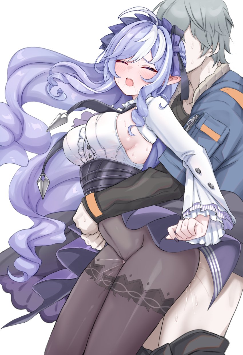 1boy absurdres ahoge black_pantyhose black_shirt blue_jacket blush bow breasts center_frills clothed_sex commentary couple daram_(shappydude) denim denim_jacket dress female flat_color frills grey_hair hairbow high-waist_skirt highres hug hug_from_behind jacket large_breasts large_variant_set long_sleeves looking_at_viewer male mole mole_under_eye multicolored_hair open_mouth pantyhose patterned_legwear pointy_ears purple_bow purple_eyes purple_hair purple_skirt red_eyes sex sex_from_behind shirt short_hair showgirl_skirt sideboob simple_background skirt smile straight streaked_hair teeth two-tone_hair underbust unfinished upper_teeth_only variant_set vivian_(zenless_zone_zero) white_background white_hair white_shirt wise_(zenless_zone_zero) zenless_zone_zero