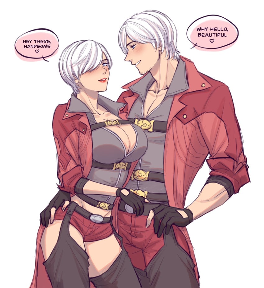 ass_grab big_breasts blue_eyes chaps cleavage dante devil_may_cry devil_may_cry_4 fingerless_gloves hand_on_belt pichuuuchan red_jacket red_lipstick rule_63 selfcest short_hair short_shorts text trenchcoat white_hair