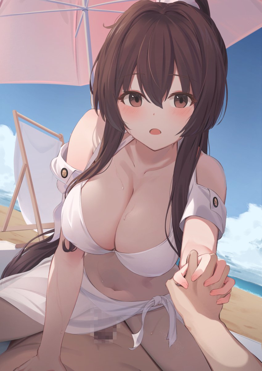 1boy absurdres beach bikini breasts brown_eyes brown_hair cleavage commentary_request cowgirl_position female highres holding_hands imminent_penetration kantai_collection kokenashi large_breasts long_hair looking_at_viewer navel official_alternate_costume outdoors ponytail pov sarong straddling straight swimsuit white_bikini white_sarong yamato_(kancolle) yamato_kai_ni_(kancolle) yamato_kai_ni_(swimsuit)_(kancolle)