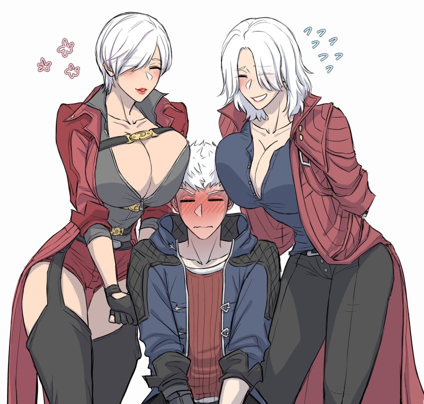 aunt_and_nephew breasts_on_head chaps cleavage clothing dante devil_may_cry devil_may_cry_4 devil_may_cry_5 fingerless_gloves heavy_blush huge_breasts incest nero_(devil_may_cry) pichuuuchan rule_63 short_hair short_shorts teasing trenchcoat white_hair