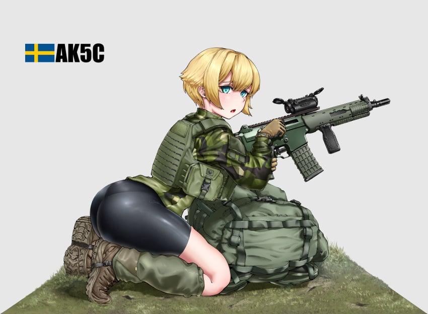 1girls blonde_hair blue_eyes female gun looking_at_viewer soldier tagme weapon