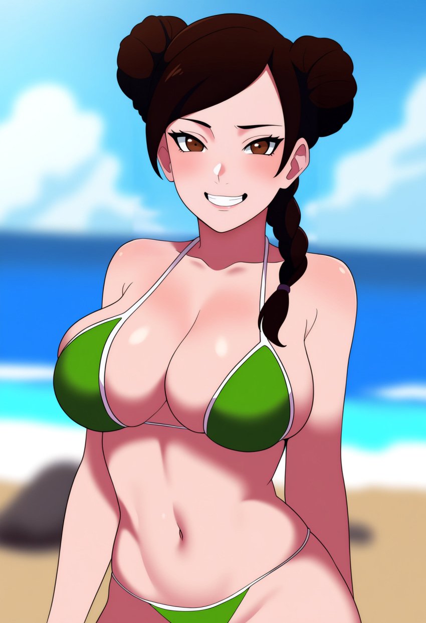 1girls ai_generated beach big_breasts bikini bikini_bottom bikini_top blush braid braided_ponytail brown_eyes brown_hair busty cameltoe cleavage clothing female female_focus female_only green_bikini green_bikini_bottom green_bikini_top green_swimsuit grin hair_buns hi_res high_resolution highres konanai lake large_breasts light-skinned_female light_skin lips lipstick long_hair looking_at_viewer makeup nai_diffusion naruto naruto:_the_last naruto_(series) naruto_shippuden naughty naughty_face naughty_smile outdoors outside pale-skinned_female pale_skin pink_lips pink_lipstick pinup ponytail pose posing pussy river shounen_jump smile smiling smiling_at_viewer solo solo_female solo_focus stable_diffusion standing swept_bangs swimsuit tenten tied_hair vagina