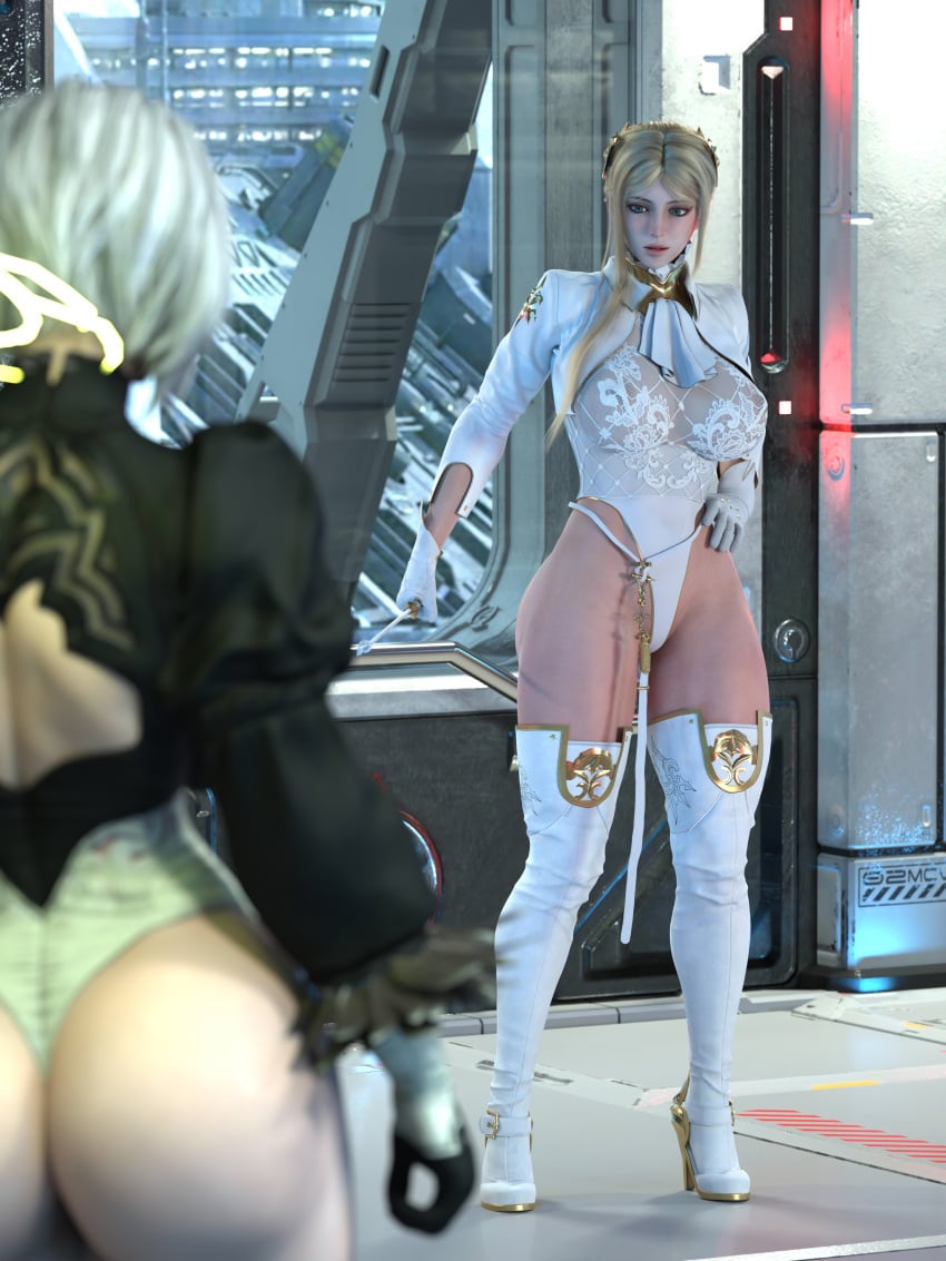 2girls 3d ass big_ass big_breasts blonde_hair breasts clothing female female_only light-skinned_female light_skin nier nier:_automata salamandraninja short_hair solo standing thighhighs white_hair yorha_2b yorha_commander