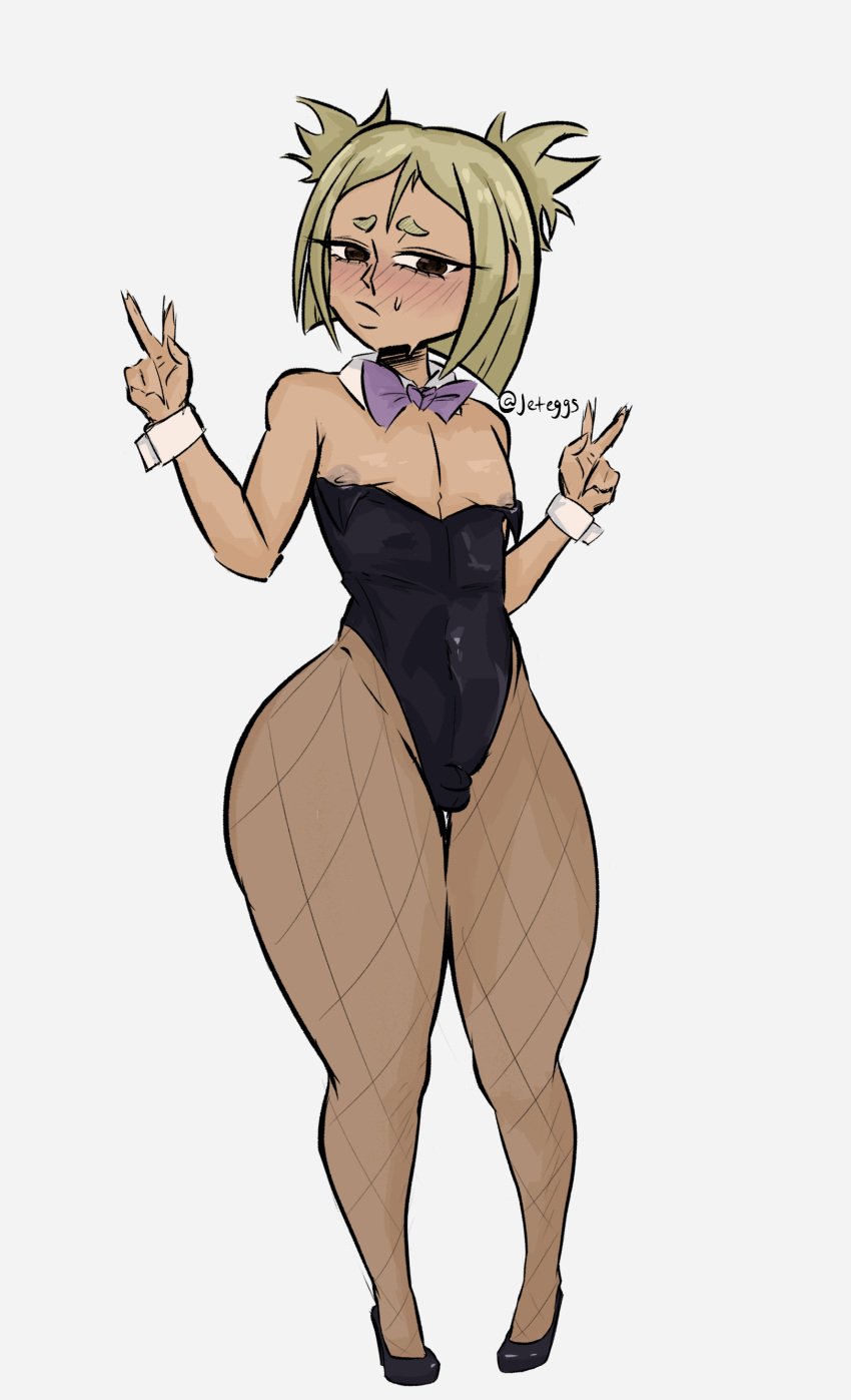 1boy 1femboy bowtie bunny_boy bunnysuit double_v exposed_nipples femboy femboy_only fishnets heels high_heels jeteggs nipples original original_character solo solo_femboy solo_male sweat sweatdrop v